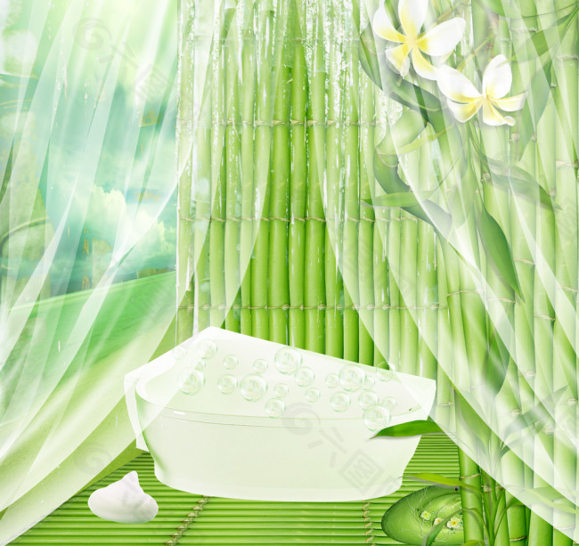 簾布浴盆雞蛋花富貴竹相框背景設(shè)計圖片