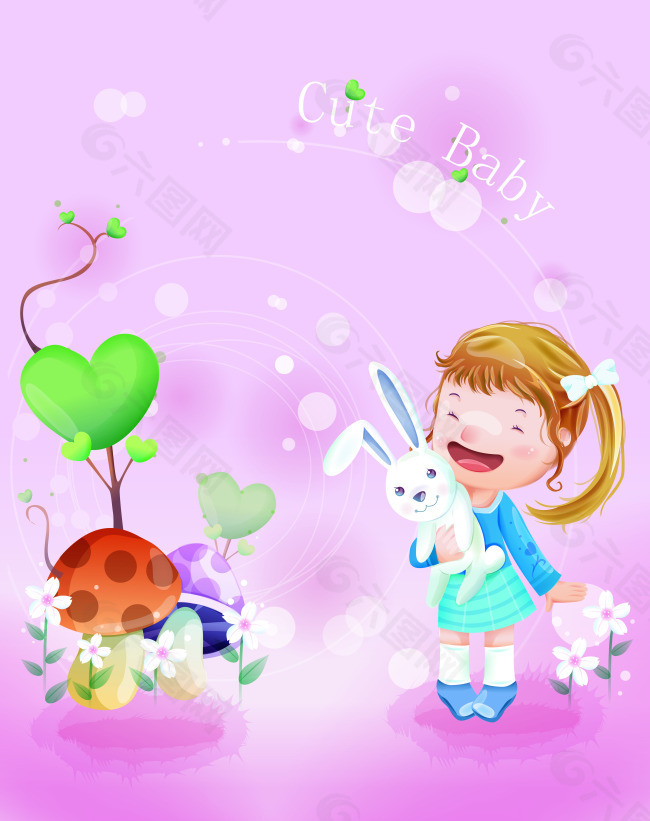 卡通白兔女孩蘑菇愛心
