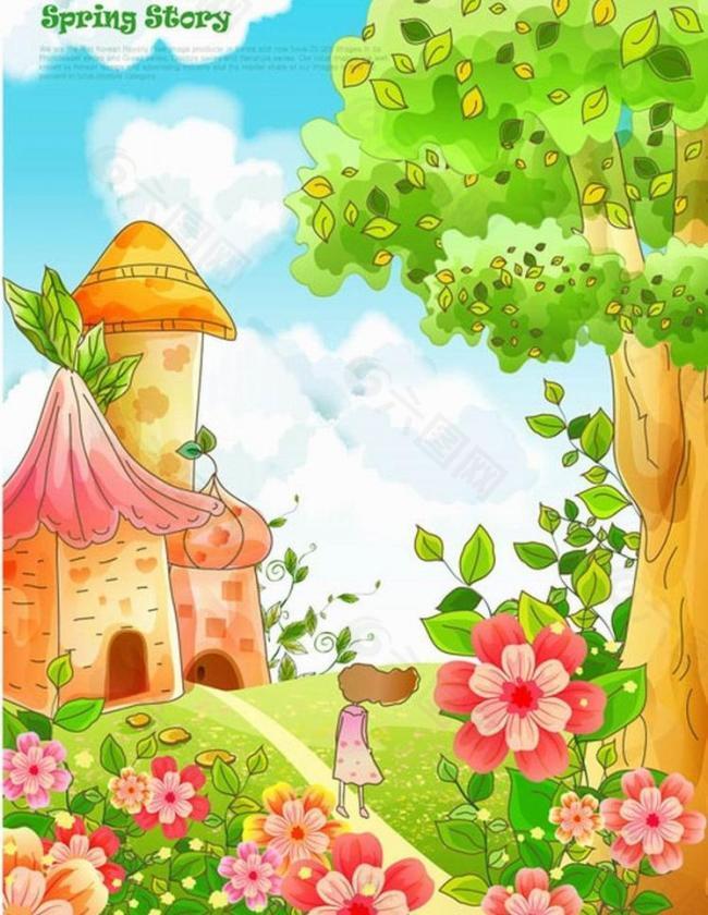 鮮花少女城堡春天背景圖片