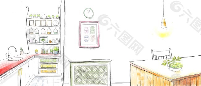 手繪現代感廚房休閑生活素材
