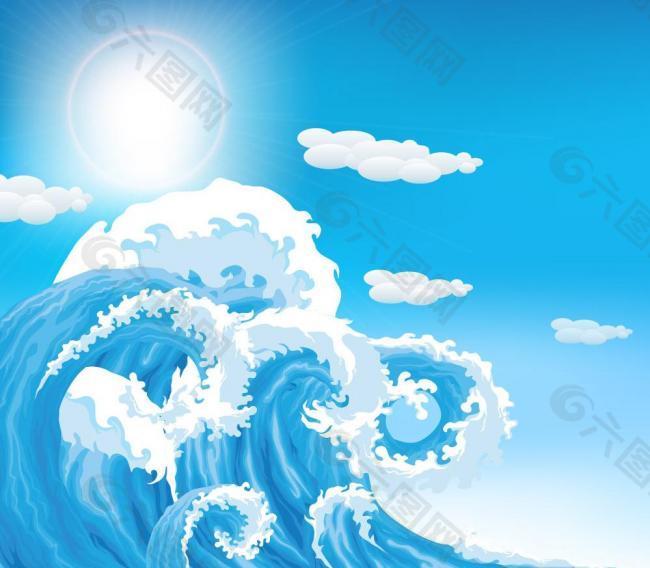 動感海浪海洋 藍天白云圖片