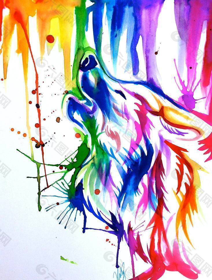 狼彩虹色插畫圖片