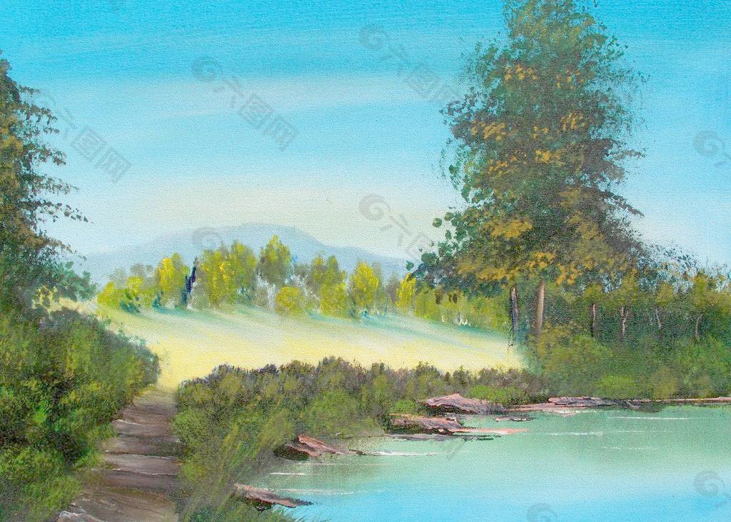 油畫 湖岸景色圖片
