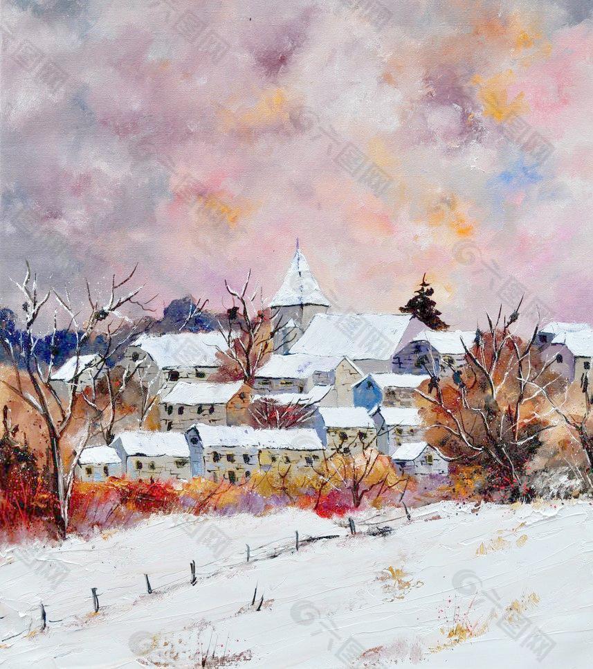 油画 冬季村庄图片