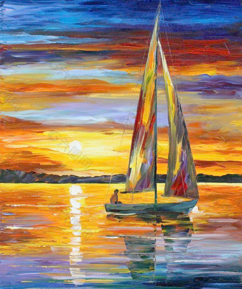 油畫 夕陽帆船圖片