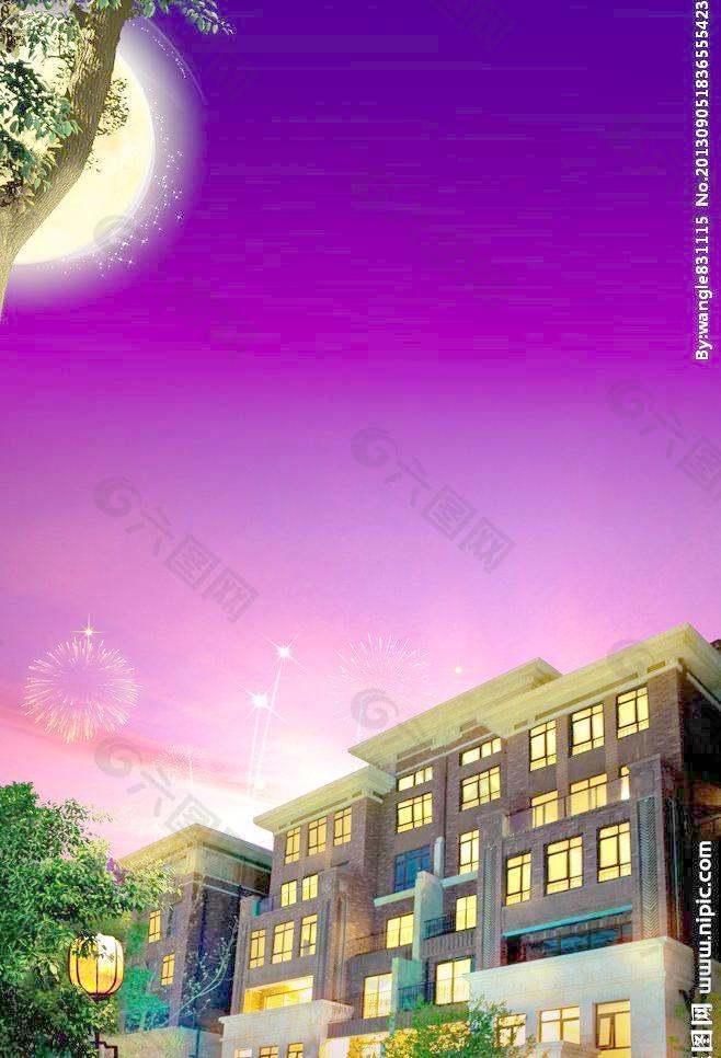 別墅園林夜景中秋圖片