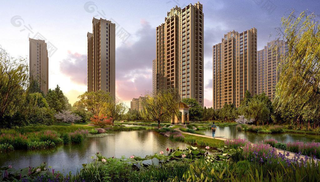 池塘邊景觀休閑環境圖片