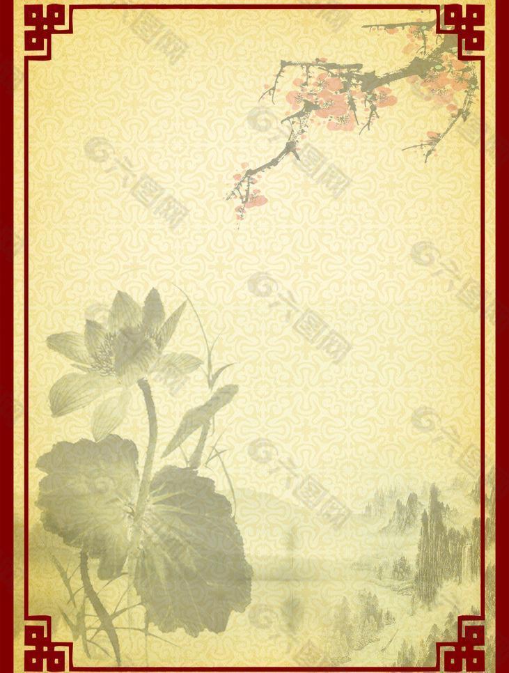 古典,背景底纹,背景,中国风,黄色背景,淡雅,梅花,荷花,边框,古典边角