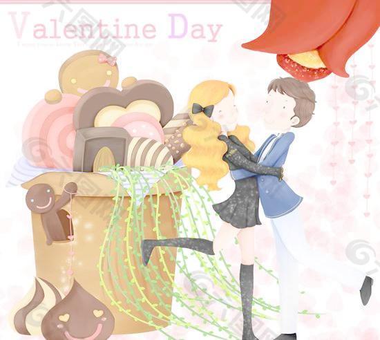 插畫情侶情人節快樂PSD分層