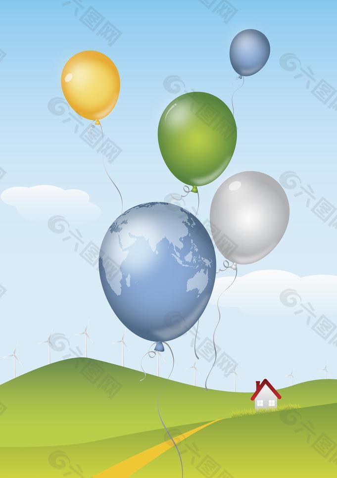 草原熱氣球背景圖片