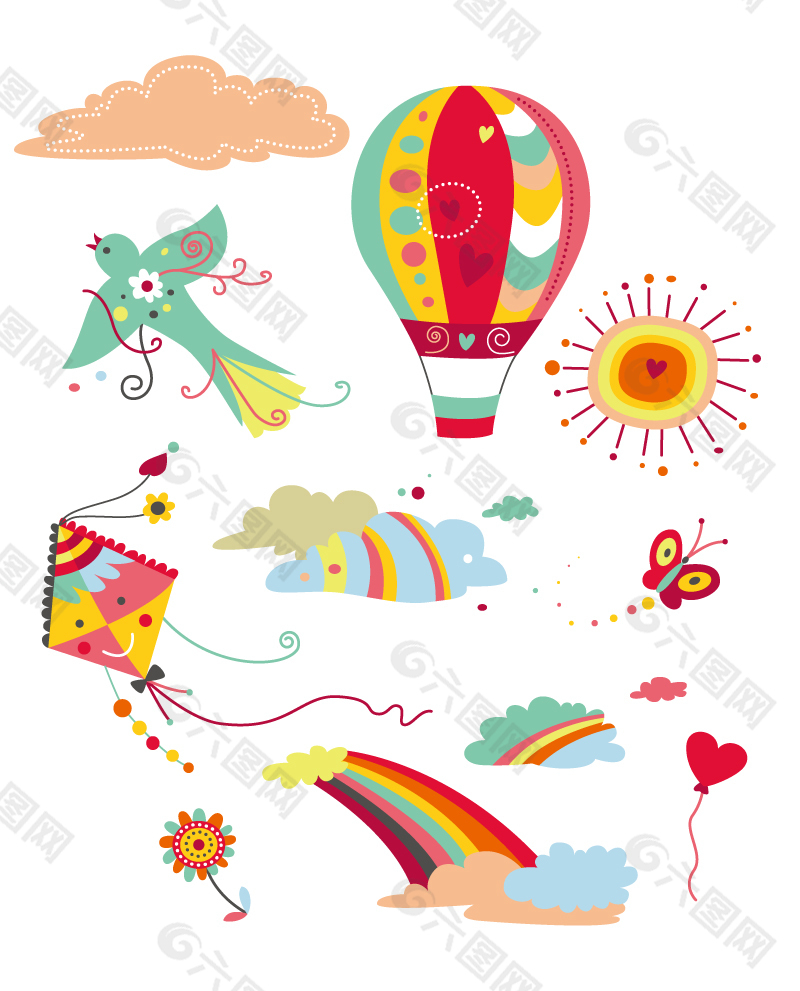 卡通,气球,太阳,插画,蝴蝶,天空,热气球,矢量图感兴趣