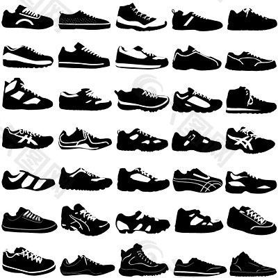 各种各样的黑色和白色运动鞋矢量素材