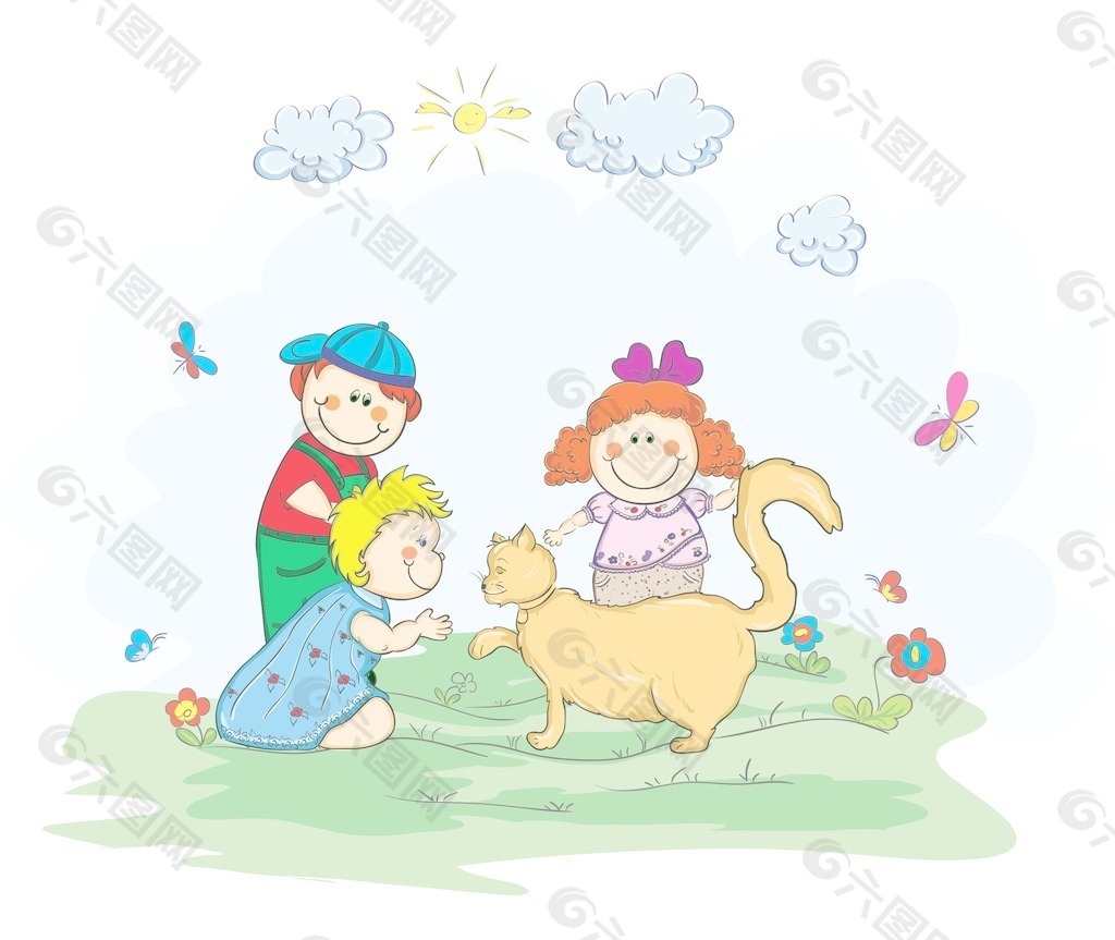 一只貓矢量插畫玩耍的孩子們