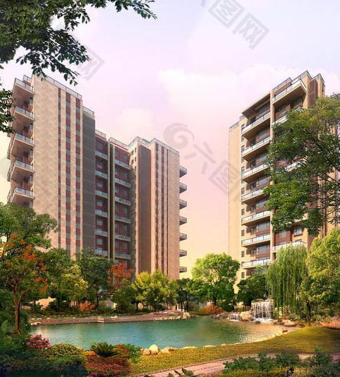 住宅公寓小河水景效果圖圖片