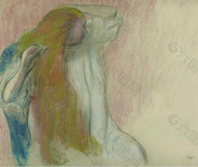 Edgar Degas - Woman Combing Her Hair, 1894法國畫家埃德加.德加Edgar Degas印象派油畫裝飾畫