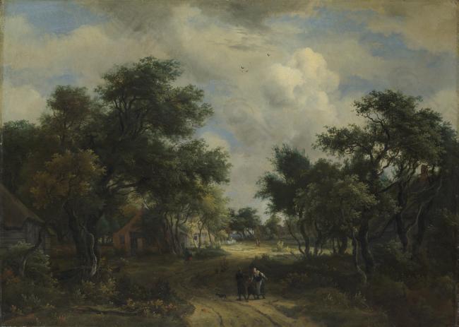Meindert Hobbema - A Road winding past Cottages大師畫家古典畫古典建筑古典景物裝飾畫油畫
