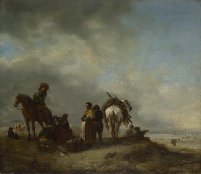 Philips Wouwermans - Seashore with Fishwives offering Fish大師畫家古典畫古典建筑古典景物裝飾畫油畫