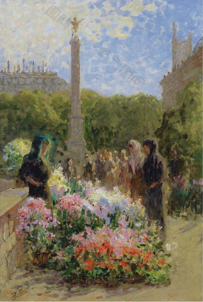 Pierre-Eugene Montezin - Ile de la Cite, Flowers Market大師畫家風(fēng)景畫靜物油畫建筑油畫裝飾畫
