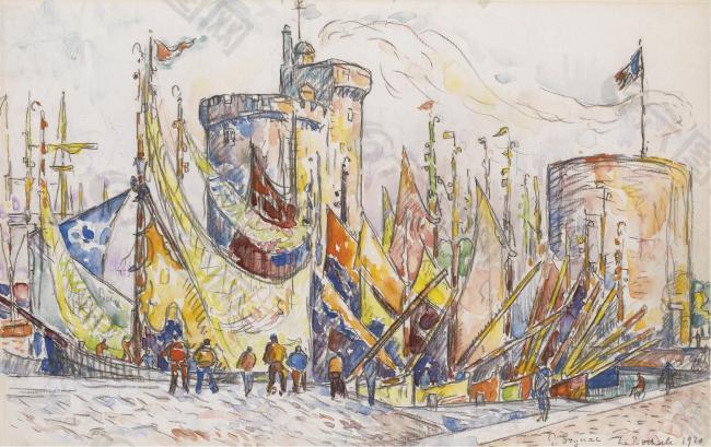 Paul Signac - The Port of La Roshelle, 1920大師畫家風景畫靜物油畫建筑油畫裝飾畫