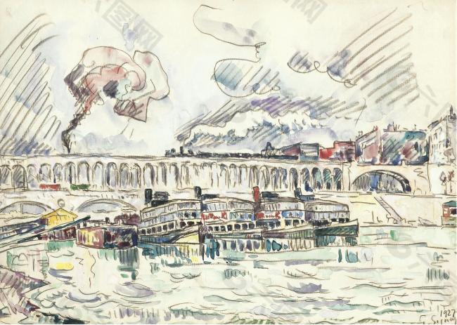 Paul Signac - The Viaduct and Mouche Bridge at Auteuil, 1927大師畫家風(fēng)景畫靜物油畫建筑油畫裝飾畫