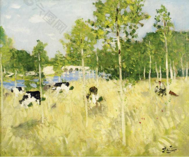 Pierre-Eugene Montezin - Cows on the Meadow大師畫家風景畫靜物油畫建筑油畫裝飾畫