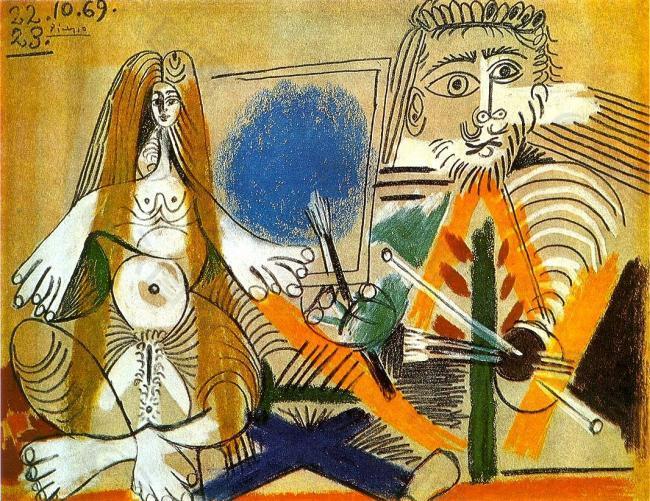 1969 Le peintre et son mod濡塭 1西班牙畫家巴勃羅畢加索抽象油畫人物人體油畫裝飾畫