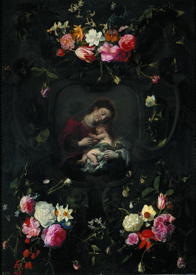Seghers, Daniel - Guirnalda con la Virgen y el Nino, 17 Century花卉水果蔬菜器皿靜物印象畫派寫實主義油畫裝飾畫