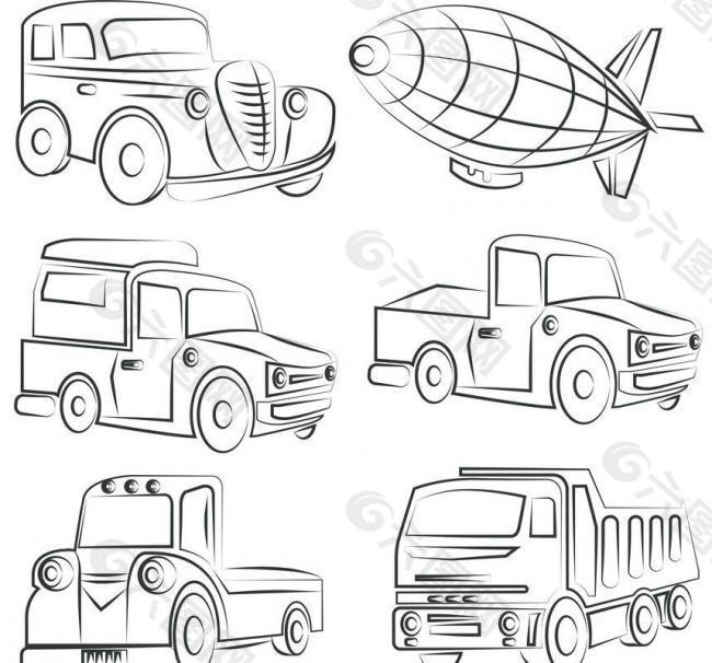 素描汽车,汽车,小汽车,卡车,飞艇,货车,商务车,素描,线条,漫画汽车