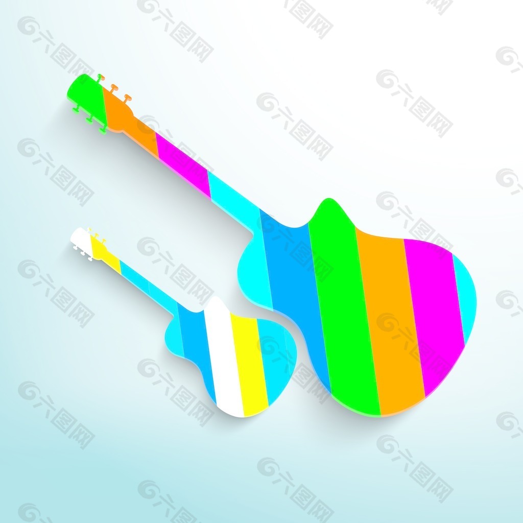 藍色背景上的五顏六色的吉他