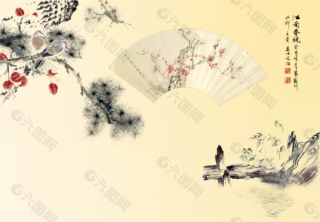 折扇憶江南水韻中國風(fēng)素材