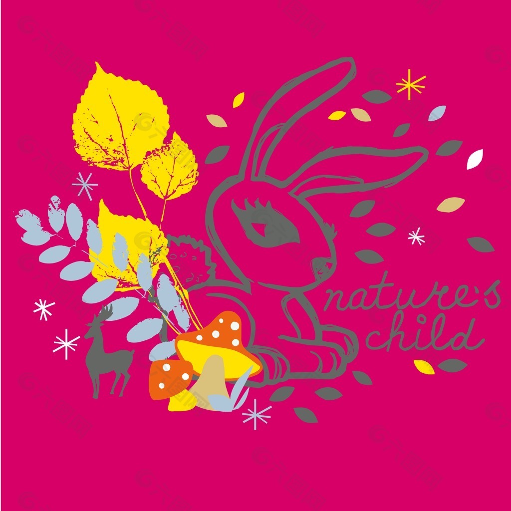 印花矢量圖 動物 兔子 鹿 葉子 免費素材