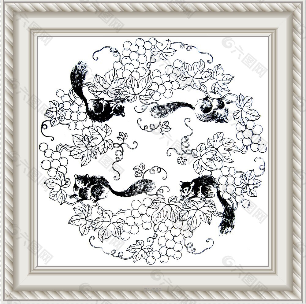 白描松鼠葡萄