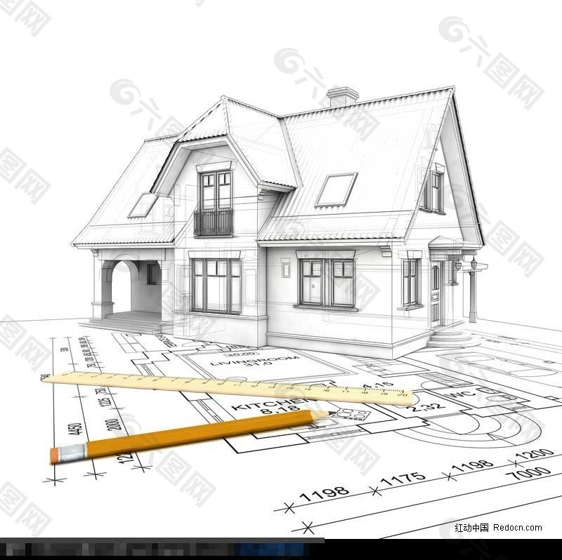 线描3D房子模型和建筑图纸