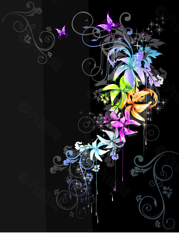 紫色蝴蝶和炫彩花朵藤蔓插畫