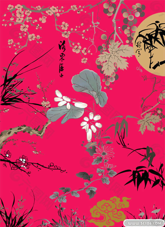水墨花紋PSD模板