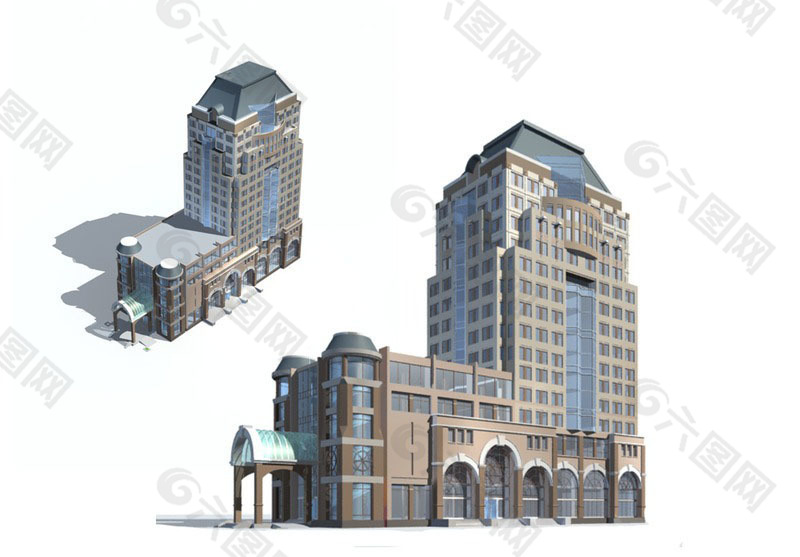 歐式反L形多層公建建筑3D模型