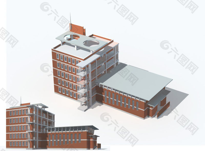 紅色外觀多層公建建筑3D模型