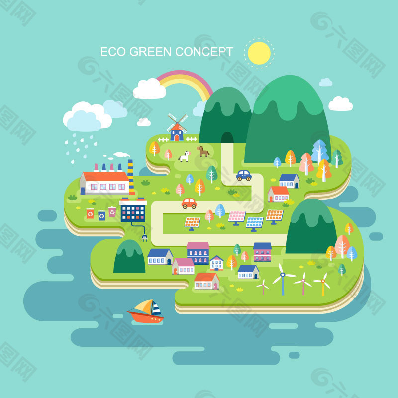 创意绿色环保城市插画