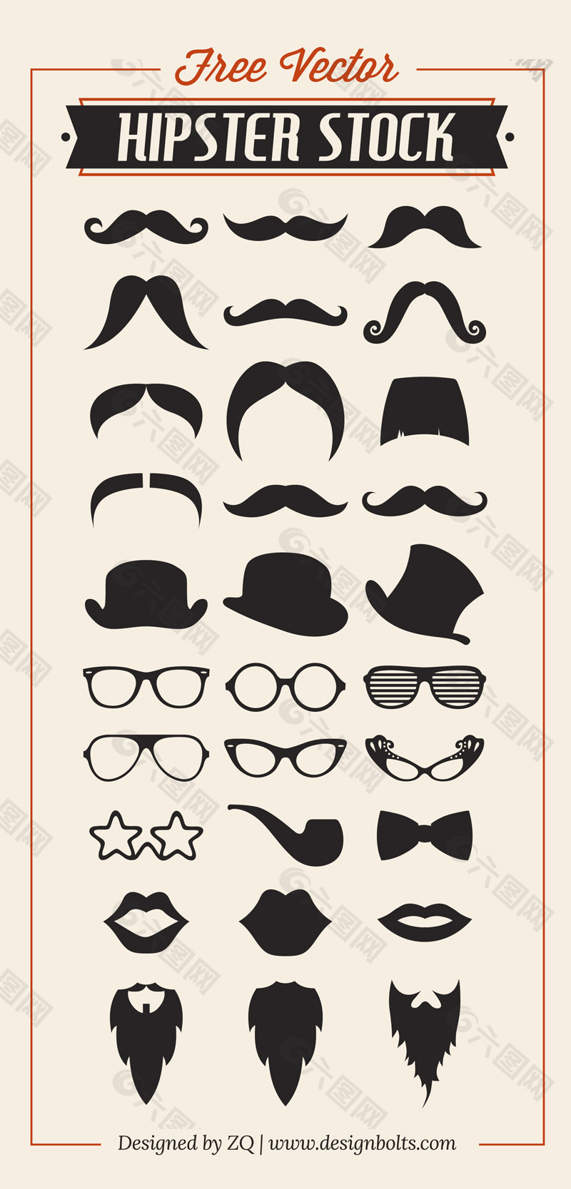 可爱胡须帽子和眼镜等图案矢量素材