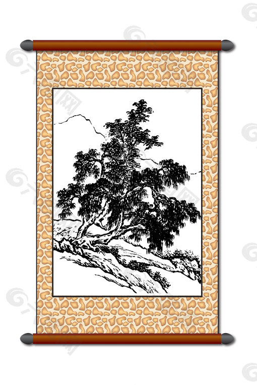 白描大樹卷軸裝飾畫