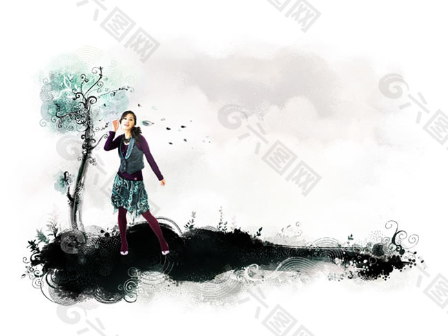 水墨元素與美女插畫psd素材