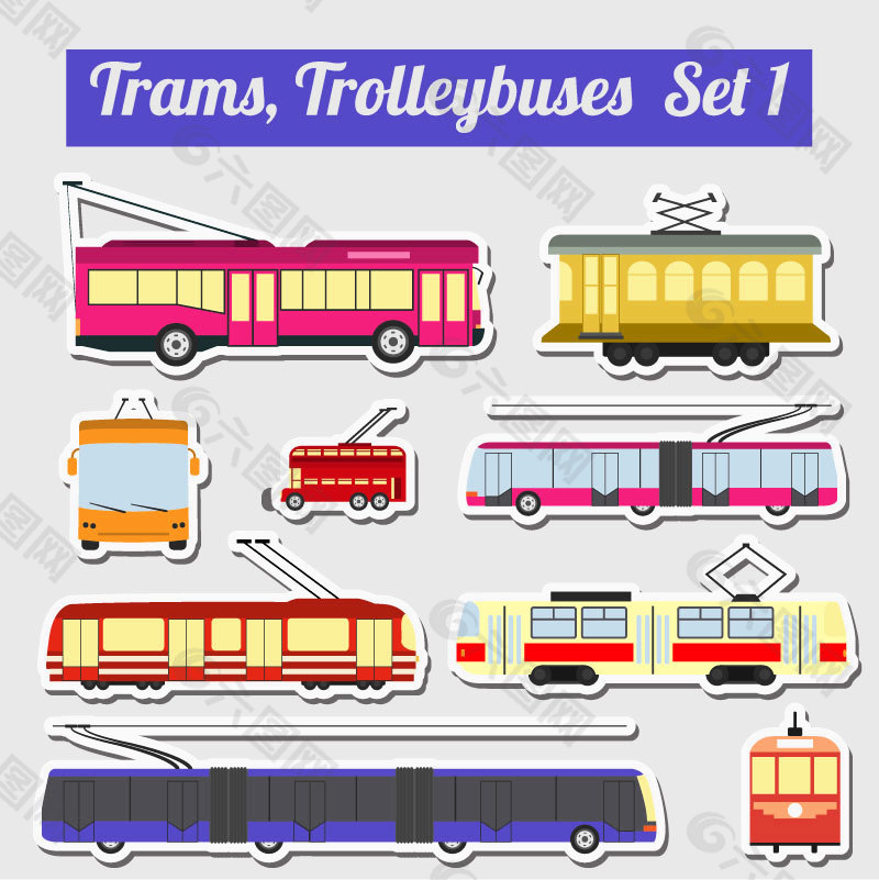 9款有轨和无轨电车贴纸矢量图