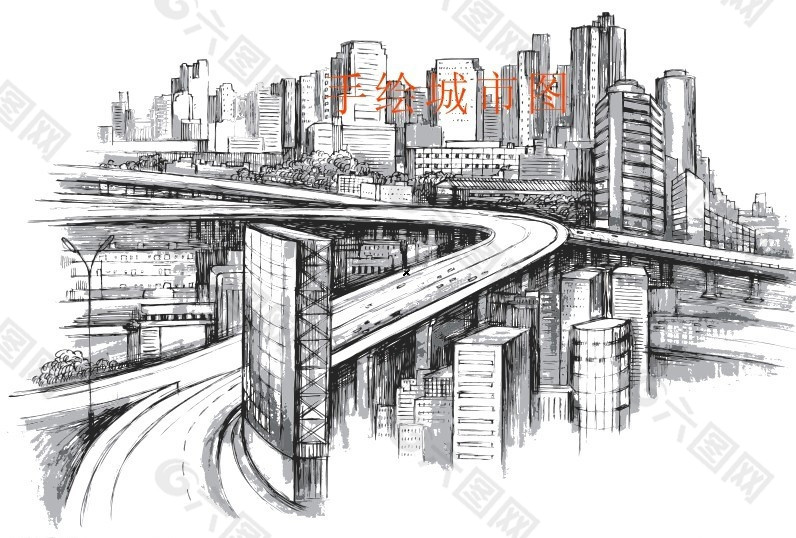 手绘城市建筑 铅笔画图片