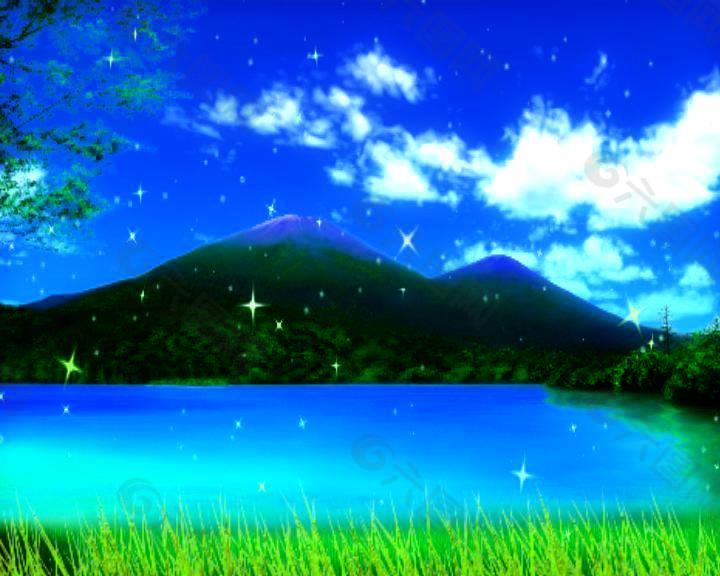 夢幻月亮夜晚湖水草地