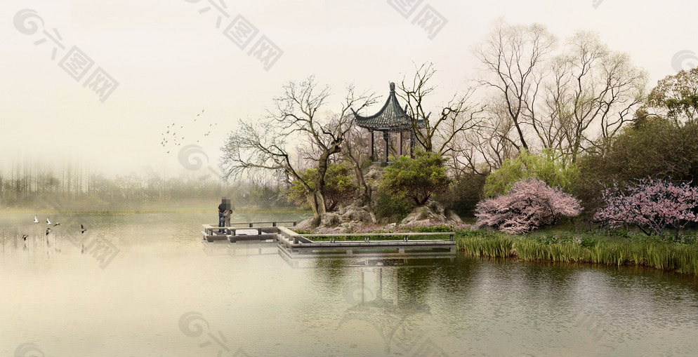 公園湖泊休閑景觀圖片