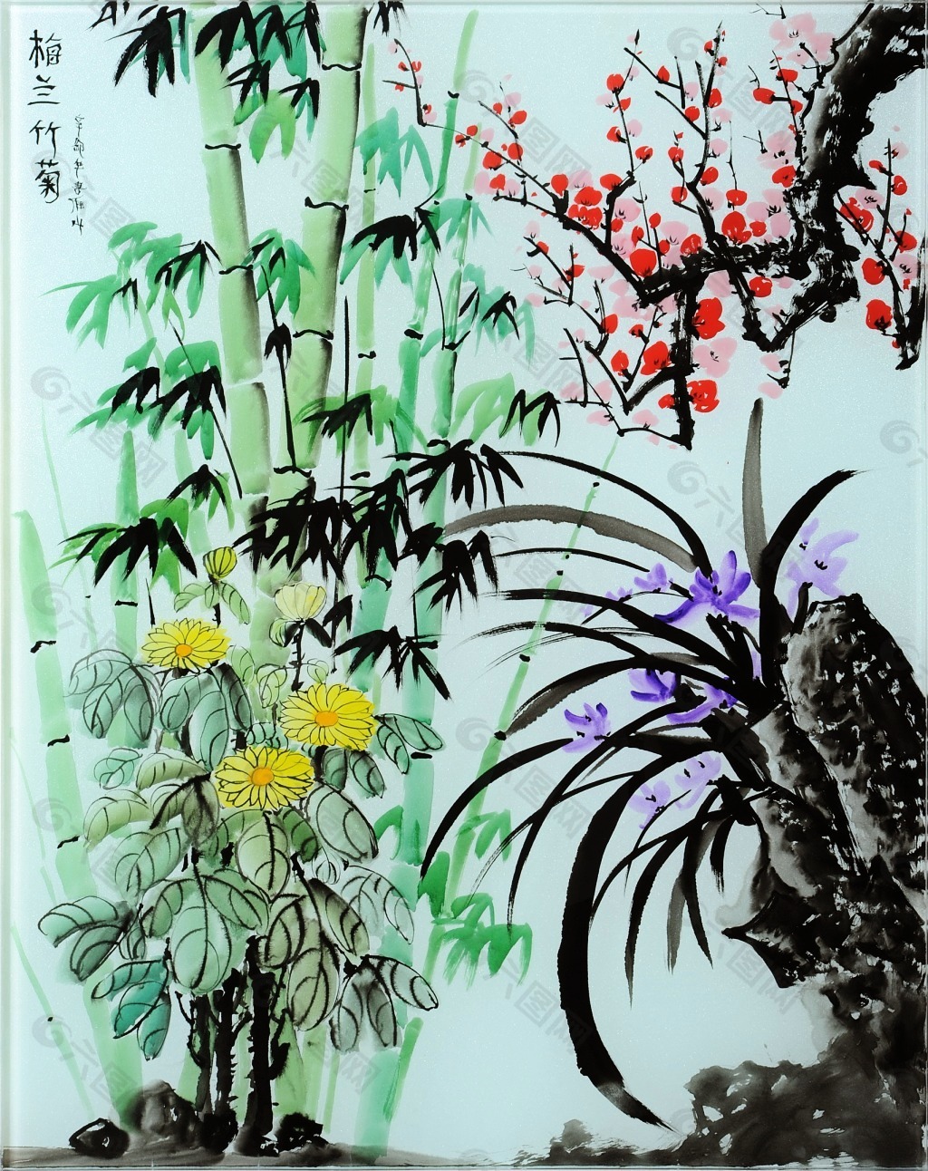 彩雕画彩绘玻璃画梅兰竹菊