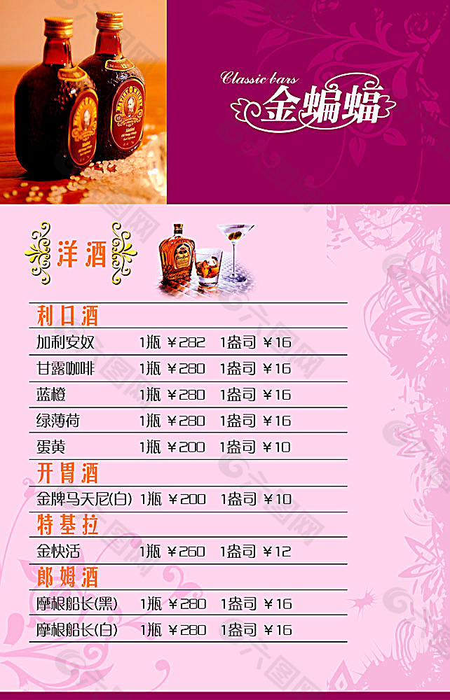 酒水單價目表