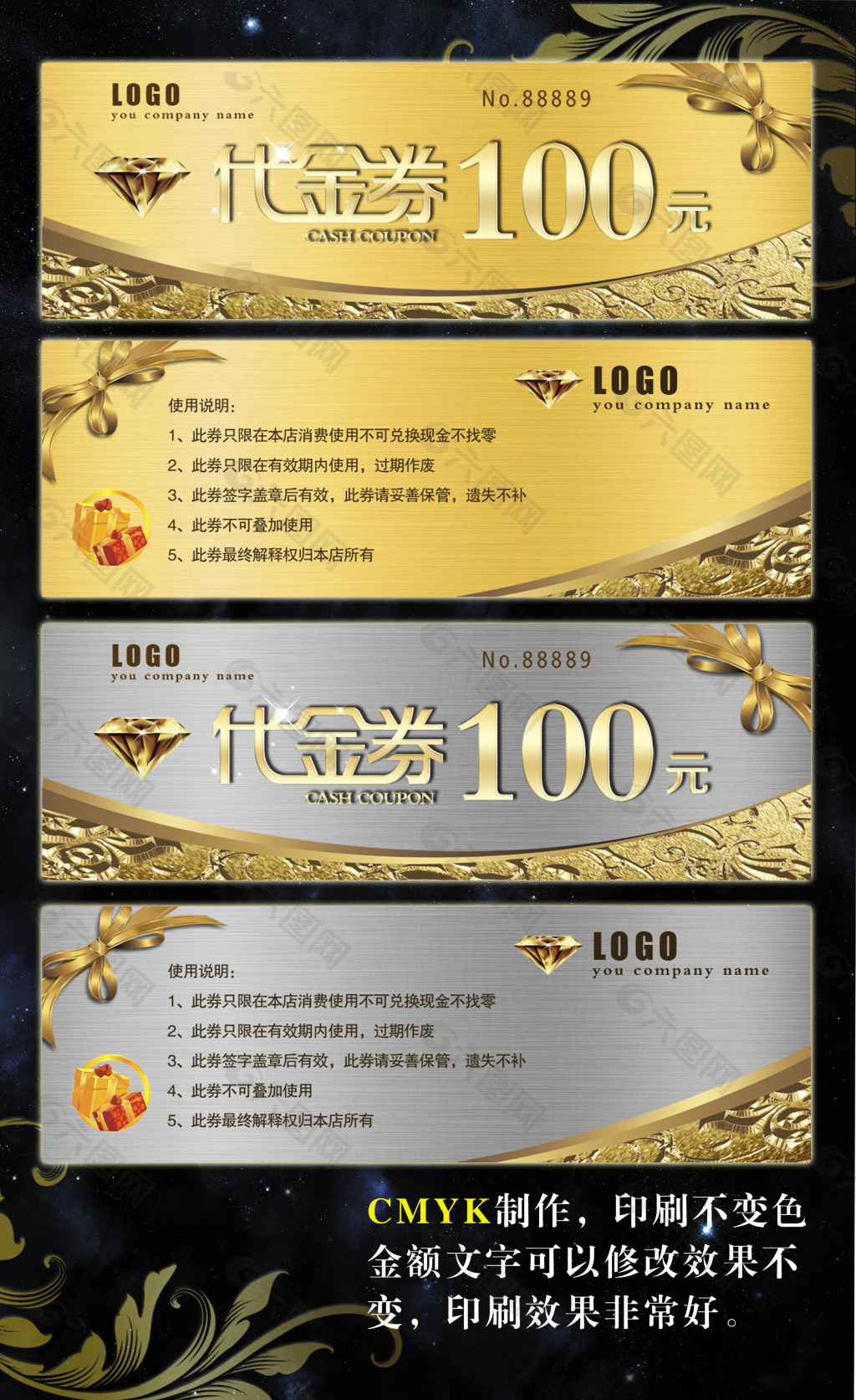 100元金銀雙色金屬質(zhì)感代金券
