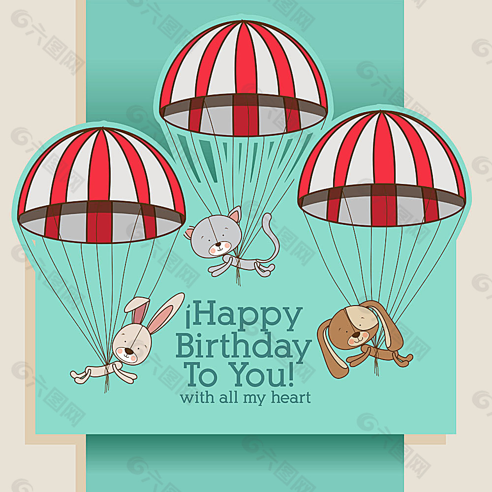 卡通動物降落傘生日賀卡