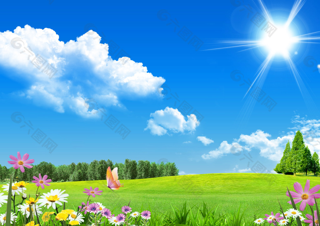 蓝天,绿树,花,蝴蝶,白云,阳光,太阳,草地,背景感兴趣